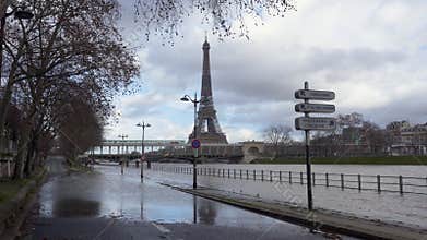 Flood of the Seine river in Paris near Pont de Bir-Hakeim and Eiffel tower