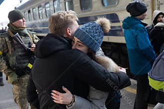 War in Ukraine. People evacuating from Kyiv to safe areas