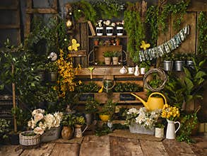 Wonderfull flowerly Spring with vintage brown wood