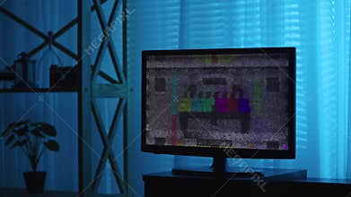 No signal on TV screen. Static color noise. Glitch error video damage background. Bad interference. Broken antenna