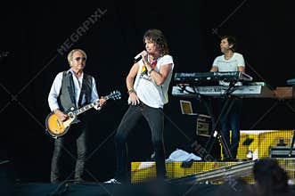 Live concert of the rock band Foreigner at the Arena Fiera Milano Rho, the singer Kelly Hansen and the guitarist Mick Jones during