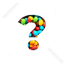 Question punctuation mark of colourful rainbow sweet candies and cut paper isolated on white. Typeface for festive