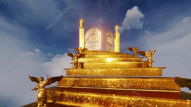Golden Angels on stairs towards Heaven Gates opening and bright doves, 4K