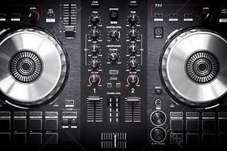 DJ controller close up view in live performance night club dance music. Dj