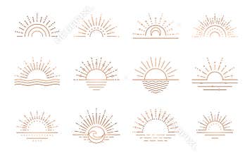 Boho sunrise logo, sun line art vector. Sunset stock vector logo design