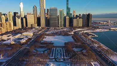 Urban Skyline of Chicago at Sunrise in Winter. Aerial View. USA