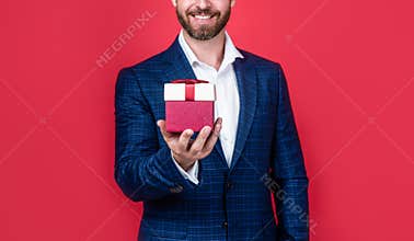 happy birthday. man in suit with gift. valentines day holiday. shopping sales concept. boxing day. surprise from