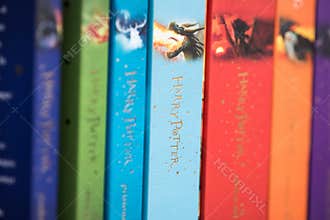 MADRID, SPAIN - MARCH 30, 2021: Detail of the title on the spine of the Harry Potter book by JK Rowling. A fictional saga