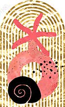 Geometric Arch, antique vase, sea star and shell. Contemporary hand drawn modern poster graphic art