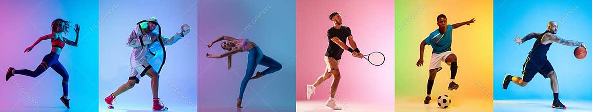 Collage of different professional sportsmen, fit people in action and motion isolated on color background. Flyer.