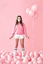 Young playful woman blowing bubble with chewing gum staying in pink air balloons background