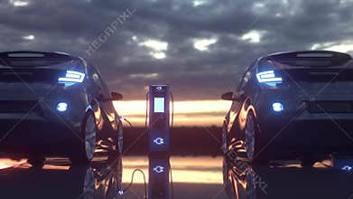 Charge station for electric cars. Electric vehicle charging port plugging in car