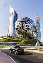 Dubai, UAE - 10.04.2021 Close up shot of Museum of future and other popular buildings along Sheikh Zayed road. City