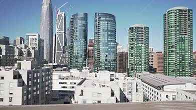 driving plate side view of San Francisco from moving car from Bay Bridge