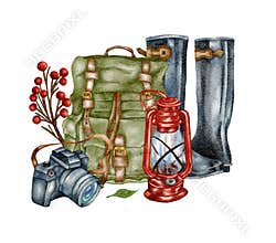 Watercolor Camping clipart. Hand drawn wild camping illustration. Forest, hiking design