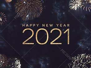 Happy New Year 2021 Text Holiday Graphic with Gold Fireworks in Night Sky