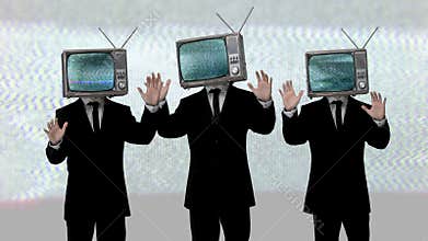 Three businessmen with TVs on heads