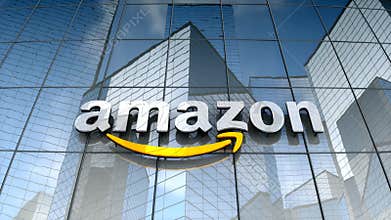 Editorial, Amazon logo on glass building.