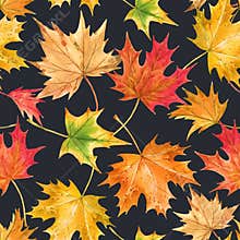 Beautiful seamless autumn pattern with watercolor colorful maple leaves. Stock illustration.