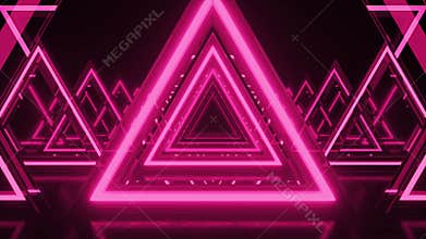 Abstract background, pink neon triangles. Triangle Future Space Tunnel. Laser show, virtual reality, glowing lines, tunnel,