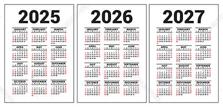 Calendar 2025, 2026 and 2027. English vector set. Vertical wall or pocket calender template. Design collection. New year. Week