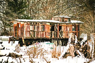Old Abandoned Wooden Train Caboose, Winter
