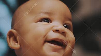Portrait of adorable multiracial dark skin baby smiling. Slow motion