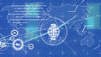 Animation of interface showing world map and network of connected icons with information on blue