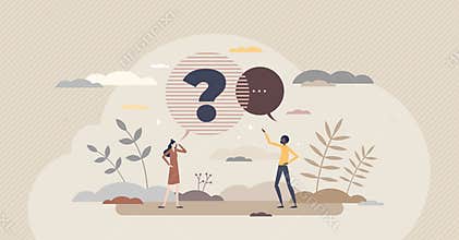 Question and answer with communication speech dialog tiny person concept