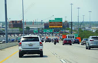 Maryland, U.S - May 17, 2021 - The traffic on Interstate 95 South and 895 South near EZPass toll into Baltimore Harbor Tunnel and