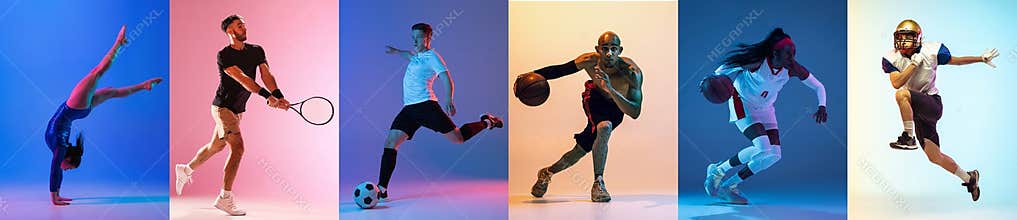 Collage of different professional sportsmen, fit people isolated on color background. Flyer.
