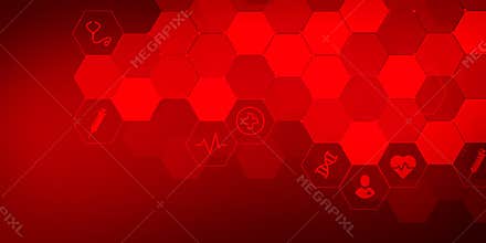Abstract Medical Background with Healthcare Icons Collection Wallpaper Design. Modern healthcare backdrop in red