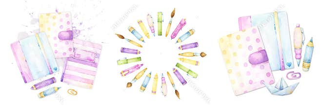 Set of three watercolor designs isolated on white background, including stationery items and art supplies, for diary, planner