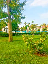 Belek, Antalya, Turkey - May 11, 2021: Bellis Deluxe Hotel in the summer morning
