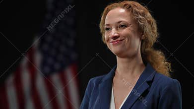 Confident politician woman shaking head listening to opponent arguments on debates. Portrait of elegant inspired