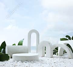 Geometric concrete podium on tropical beach with flowers. Empty showcase for packaging product