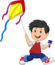 Cartoon boy playing kite