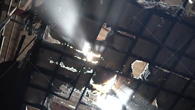 Demolished ruined ceiling of abandon building light through dusty architecture hope abstract 4k