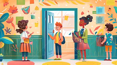 Children Greeting Each Other Outside a Classroom Door Back to School Illustration