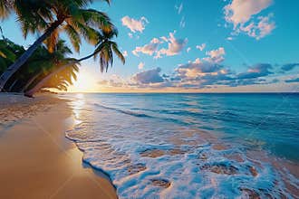 Breathtaking Tropical Beach Scene with Swaying Palm Trees and Mesmerizing Sunset