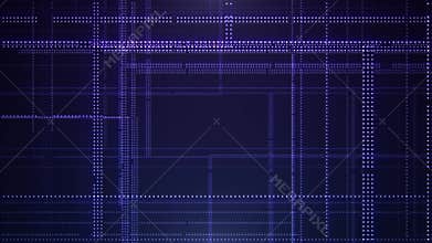 Flying through digital space with glowing dotted elements on a dark blue background