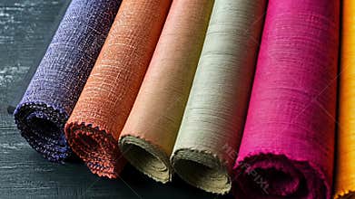 Colorful rolls of fabric display vibrant textures and patterns in a textile shop