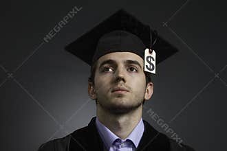 College graduate with tuition price tag, horizontal