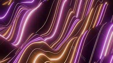 Looped background with abstract striped waves and bright neon lines on a shiny surface with glow effect