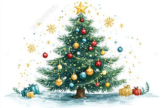 festive clipart of a cute christmas tree with twinkling lights and colorful ornaments, ideal for holiday cards, on a