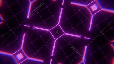 Seamless looped screensaver with flying through a digital grid of glowing pink neon patterns