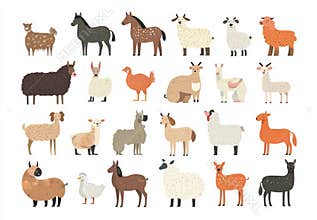 Cute domestic animals set. Hand drawn modern illustration on white background of farm pets.