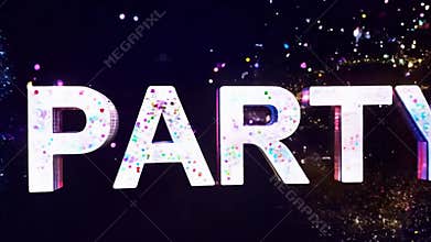 Neon party sign exploding with colorful confetti on a black background creating a vibrant and festive atmosphere for