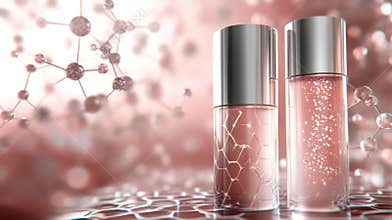 Skincare Serums with Hyaluronic Acid on Abstract Molecule Background