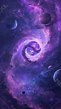 whirlpool from the attraction of a star in space, the attraction of planets, purple tones, banner, poster